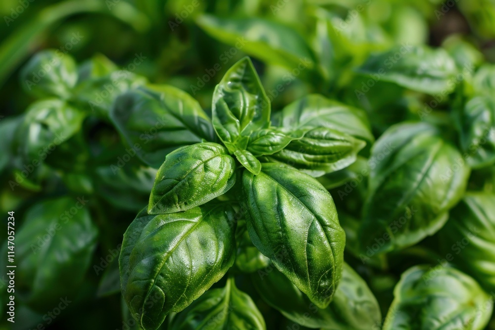 Fresh green basil plant is growing in the garden on a sunny day Fresh green basil plant is growing in the garden on a sunny day