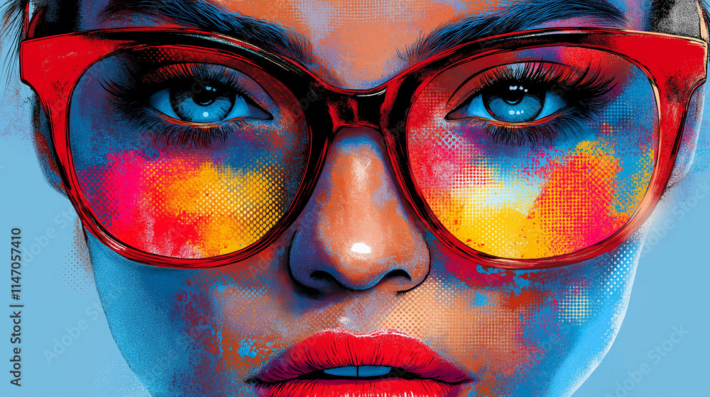 Vibrant Vision: A captivating portrait of a woman wearing vibrant red sunglasses, her face a canvas of colorful abstract art. The image is a stunning blend of realism and imagination. Vibrant Vision: A captivating portrait of a woman wearing vibrant red sunglasses, her face a canvas of colorful abstract art. The image is a stunning blend of realism and imagination.