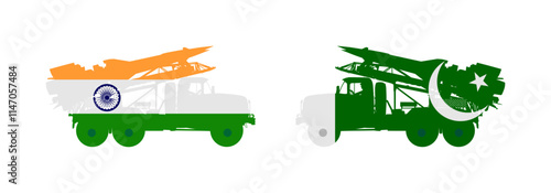 Artillery Launcher truck vector illustration. India Missile Rocket carrier with nuclear bomb against Pakistan launcher. War threat. Powerful army weapon for battle. Doomsday alert. Enemy top secret.  