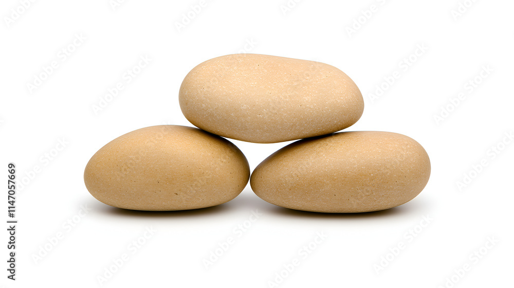 Three smooth, beige stones stacked artfully on a white surface, highlighting their natural textures and shapes. Three smooth, beige stones stacked artfully on a white surface, highlighting their natural textures and shapes.