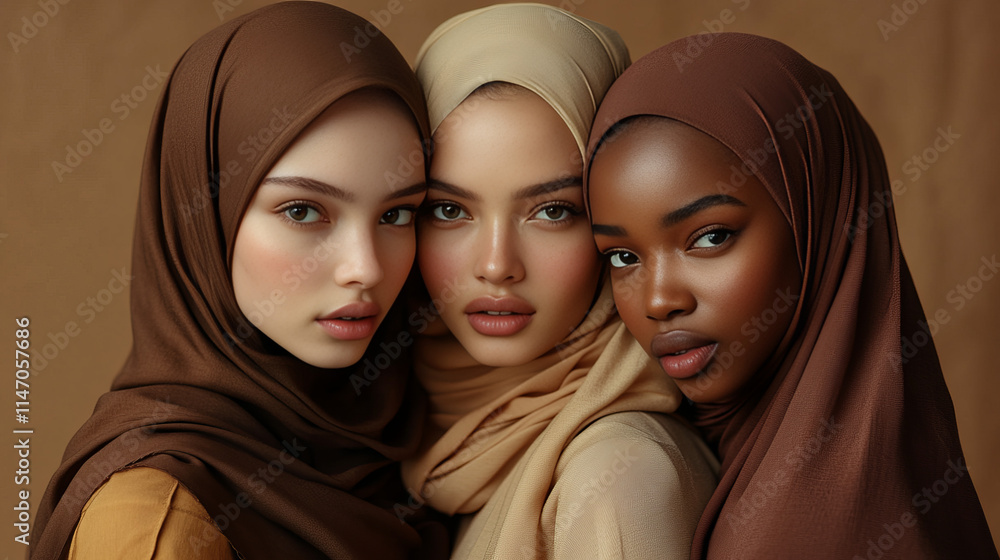 Sisterhood in Hues of Earth: Three stunning women, each with unique beauty, stand shoulder to shoulder, showcasing the diversity and elegance of Muslim women in hijab. Sisterhood in Hues of Earth: Three stunning women, each with unique beauty, stand shoulder to shoulder, showcasing the diversity and elegance of Muslim women in hijab.