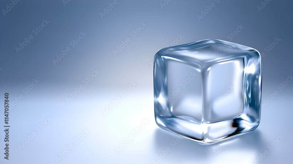 A single, clear ice cube resting on a reflective surface with a soft blue background. A single, clear ice cube resting on a reflective surface with a soft blue background.