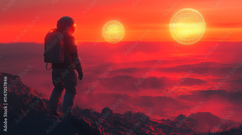 Astronaut on Alien Planet: A lone astronaut stands on a red-hued alien planet, gazing out at two suns setting over a misty landscape. The scene evokes a sense of awe and wonder. Astronaut on Alien Planet: A lone astronaut stands on a red-hued alien planet, gazing out at two suns setting over a misty landscape. The scene evokes a sense of awe and wonder.