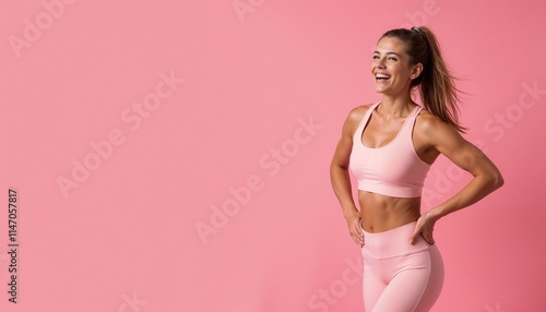 Cheerful and confident woman wearing a pink sporty outfit, expressing motivation and fitness amidst a pink minimalist backdrop, ideal for promoting an active lifestyle.