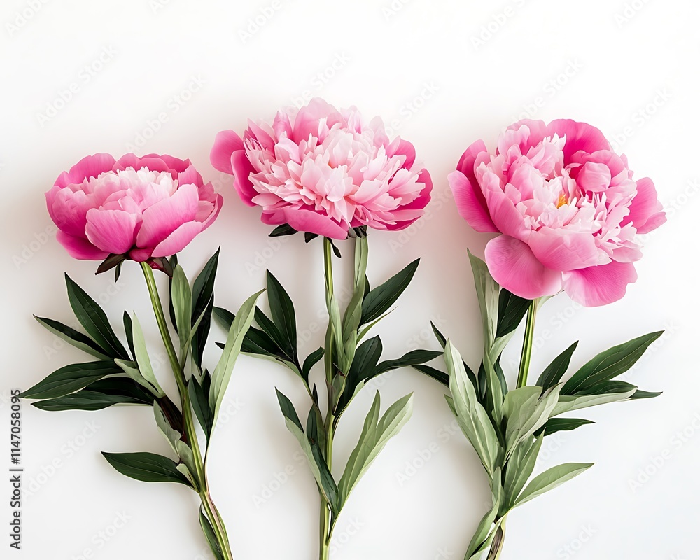 Naklejka premium Flat lay pink peonies, white background, top view, space for text or product presentation.