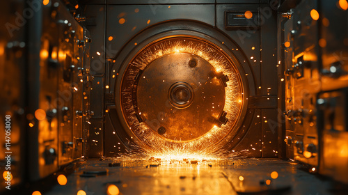 Vault Door Exploding:  A dramatic scene of a vault door exploding with a fiery intensity, sparks and debris flying, symbolizing the potential for danger, chaos and a desperate escape.  