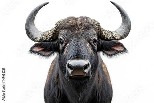 Majestic buffalo with prominent horns and intense gaze against p