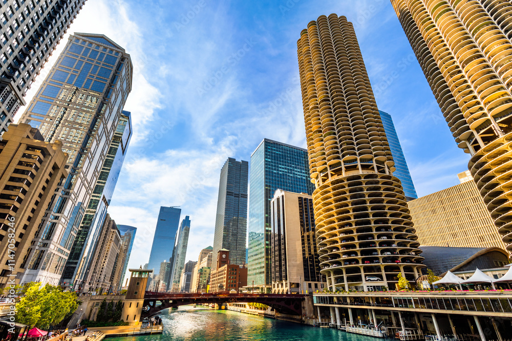 Chicago, Illinois skyline through a wide-angle lens in front of the Dearborn street bridge. Chicago is the most populous city in the U.S. state of Illinois and in the Midwestern United States.