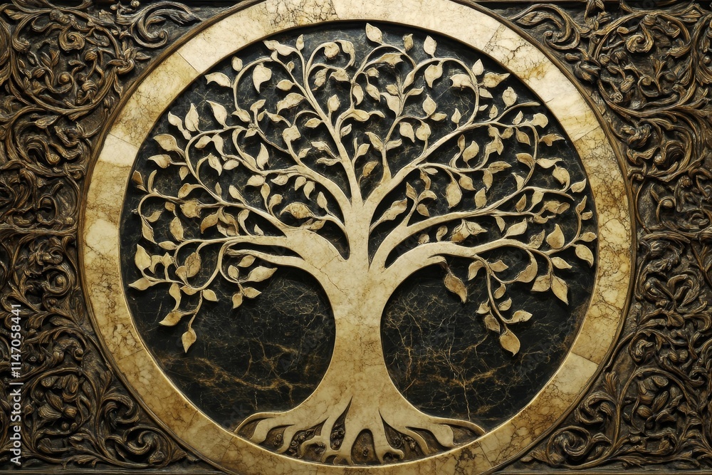 Obraz premium Ornate carved tree of life, circular frame.