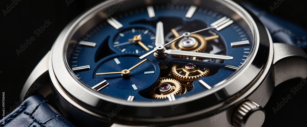 Close-up of luxury mechanical watch with visible gears and blue dial on leather strap Close-up of luxury mechanical watch with visible gears and blue dial on leather strap