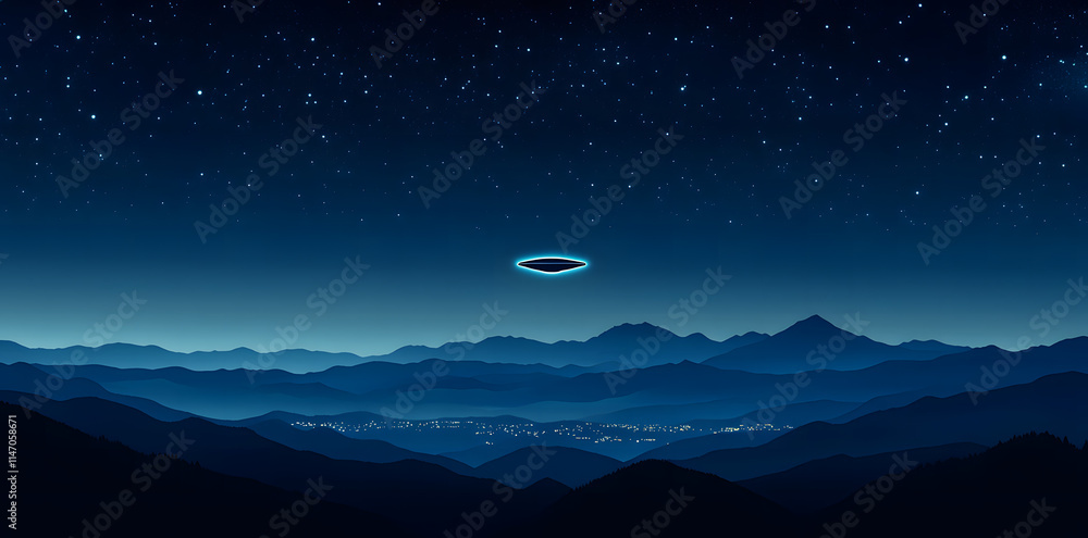 UFO Hovering Over Snowy Mountain Landscape at Night UFO Hovering Over Snowy Mountain Landscape at Night