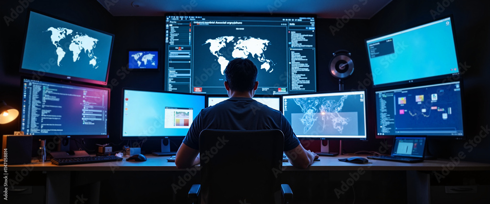 Man working at computer desk with multiple screens displaying global data in dark room Man working at computer desk with multiple screens displaying global data in dark room