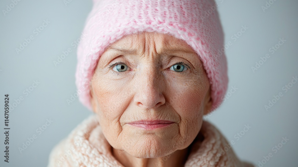 Close-up portrait of a senior woman wearing a pink knitted hat and scarf, looking directly at the camera with a serious expression. Close-up portrait of a senior woman wearing a pink knitted hat and scarf, looking directly at the camera with a serious expression.