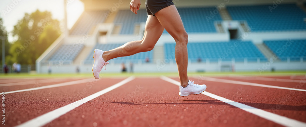 Obraz premium Athlete running on track at stadium with motion blur in sunny outdoor environment