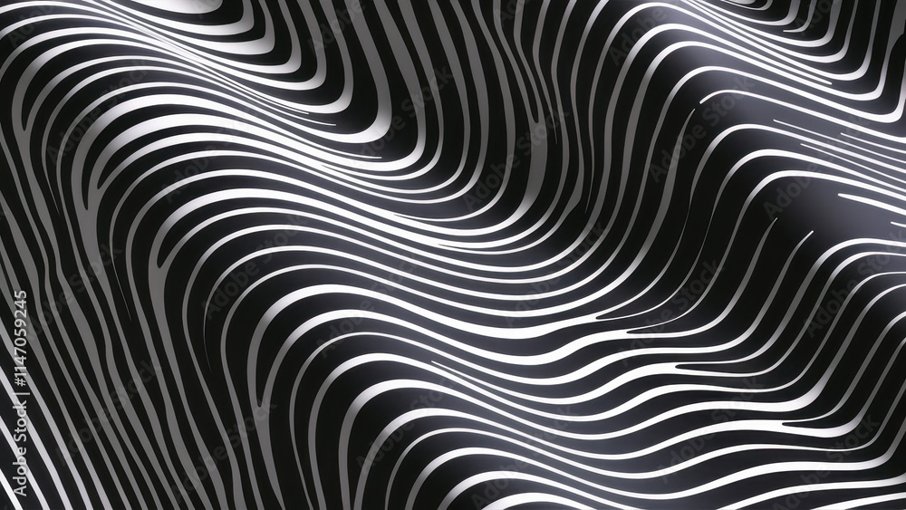 Naklejka premium An abstract pattern of flowing black and white lines undulating in a wave-like motion, creating a dynamic and modern visual appeal.