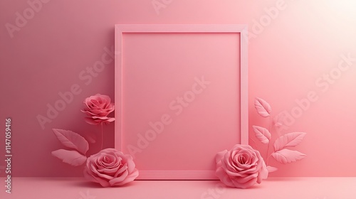 Pink roses and blank frame mockup.