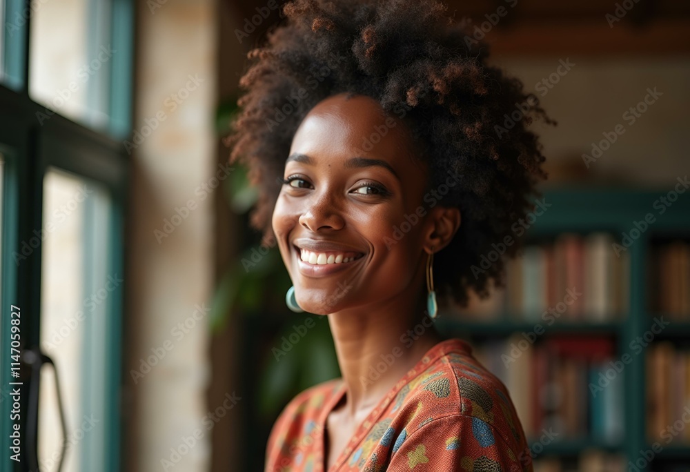 Fototapeta premium A woman with an afro smiles brightly while wearing an orange patterned shirt.