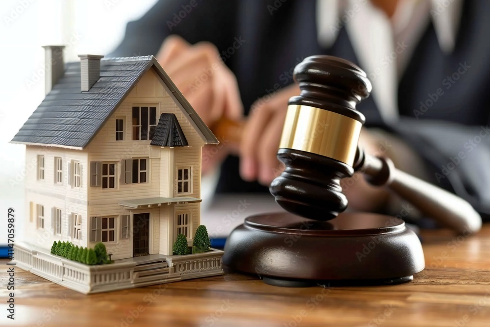 close-up photo of a judge with a house model hitting a gavel on a desk, symbolizing divorce, property, real estate, and law. close-up photo of a judge with a house model hitting a gavel on a desk, symbolizing divorce, property, real estate, and law.