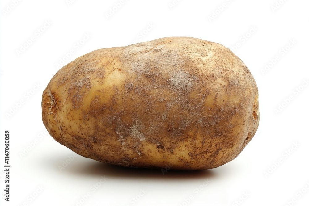 A single potato with a rough brown skin, isolated on a white background
