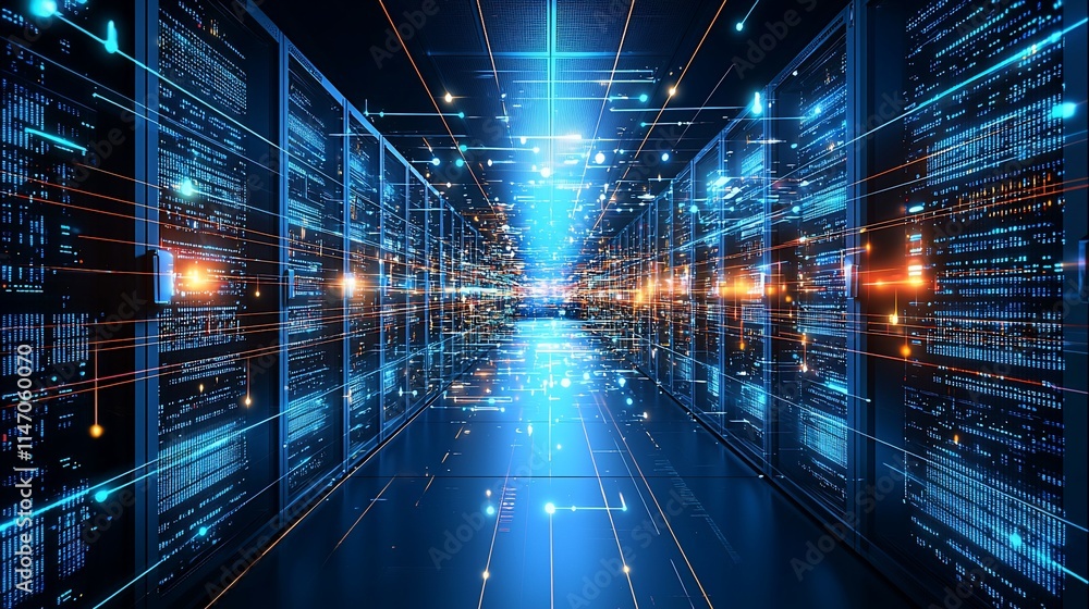 Obraz premium Futuristic server room with data streams.