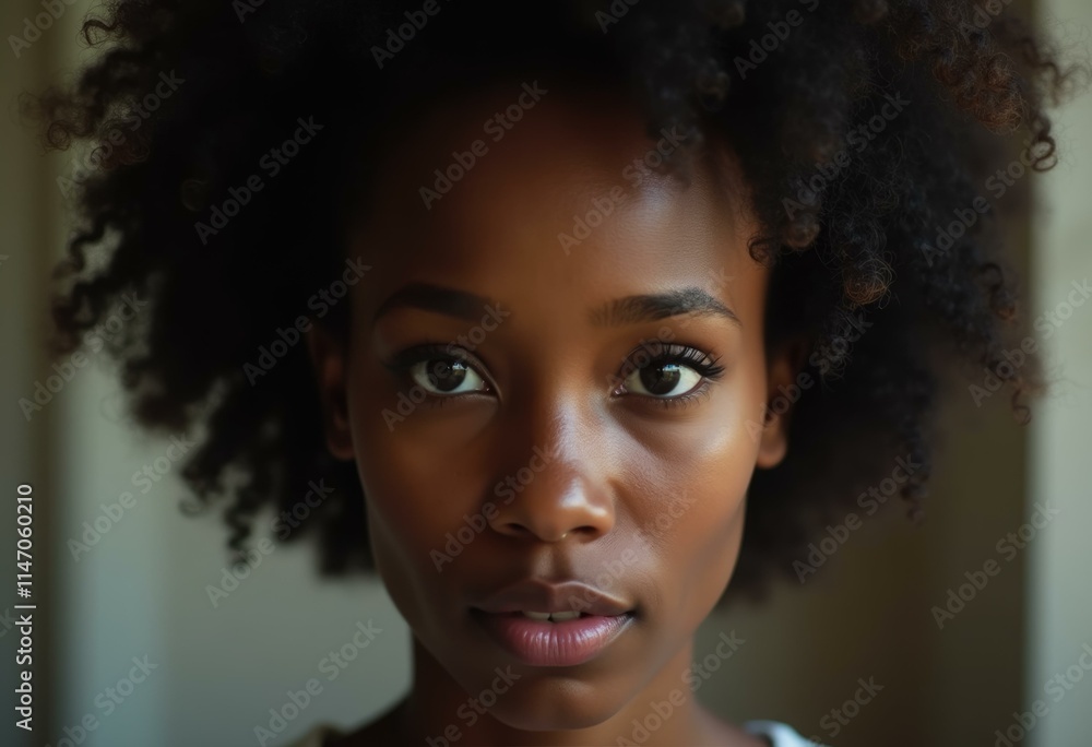 Close-up portrait of a woman with dark curly hair, looking directly at the camera with a serious expression. Close-up portrait of a woman with dark curly hair, looking directly at the camera with a serious expression.
