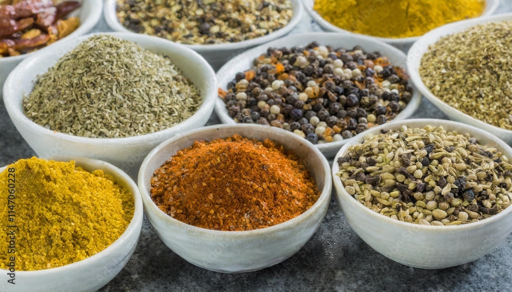 Assortment of Dried Spices in Bowls Ready for Cooking and Culinary Use Assortment of Dried Spices in Bowls Ready for Cooking and Culinary Use