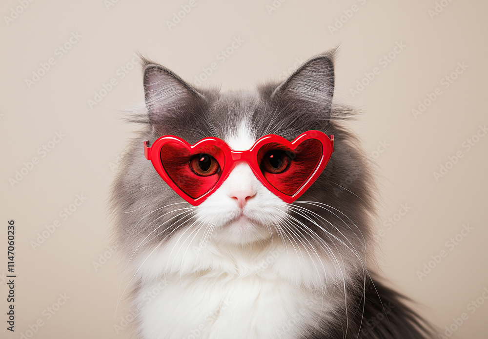 Portrait of a Cute Fluffy Gray and White Cat Wearing Red Heart-Shaped Glasses — Perfect for Valentine’s Day Greetings Portrait of a Cute Fluffy Gray and White Cat Wearing Red Heart-Shaped Glasses — Perfect for Valentine’s Day Greetings