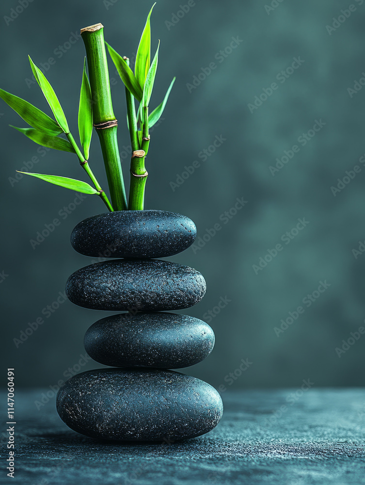 Stacked stones with bamboo for a spa and zen theme. Stacked stones with bamboo for a spa and zen theme.