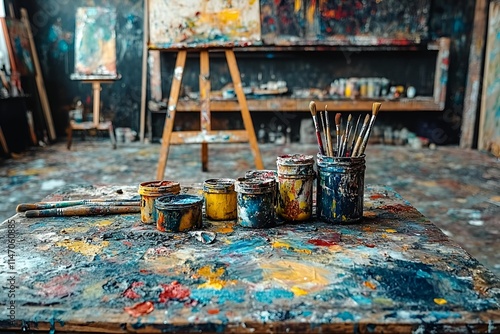 Artist’s studio filled with jars of paint, brushes, and easel surrounded by a colorful mess of paint splashes