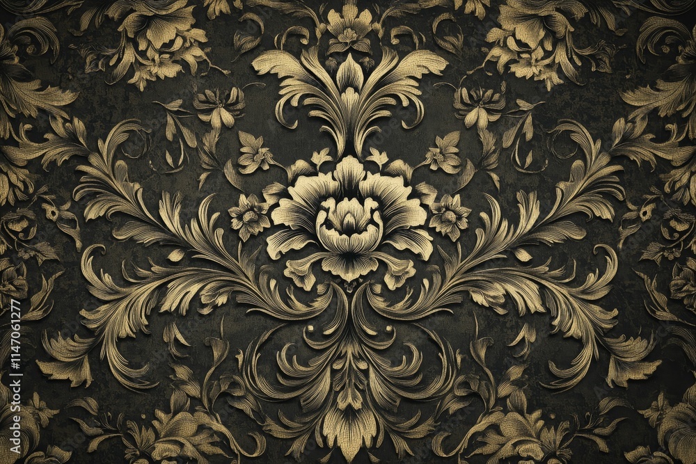Ornate gold floral pattern, dark background. Ornate gold floral pattern, dark background.