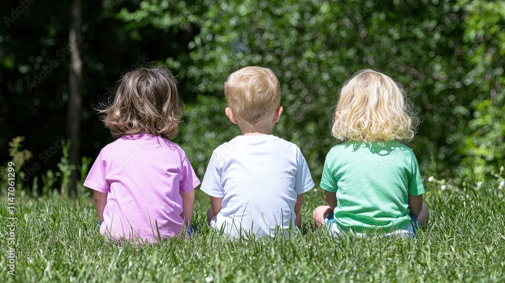 Fototapeta premium Three toddlers sitting on grass, viewed from behind.