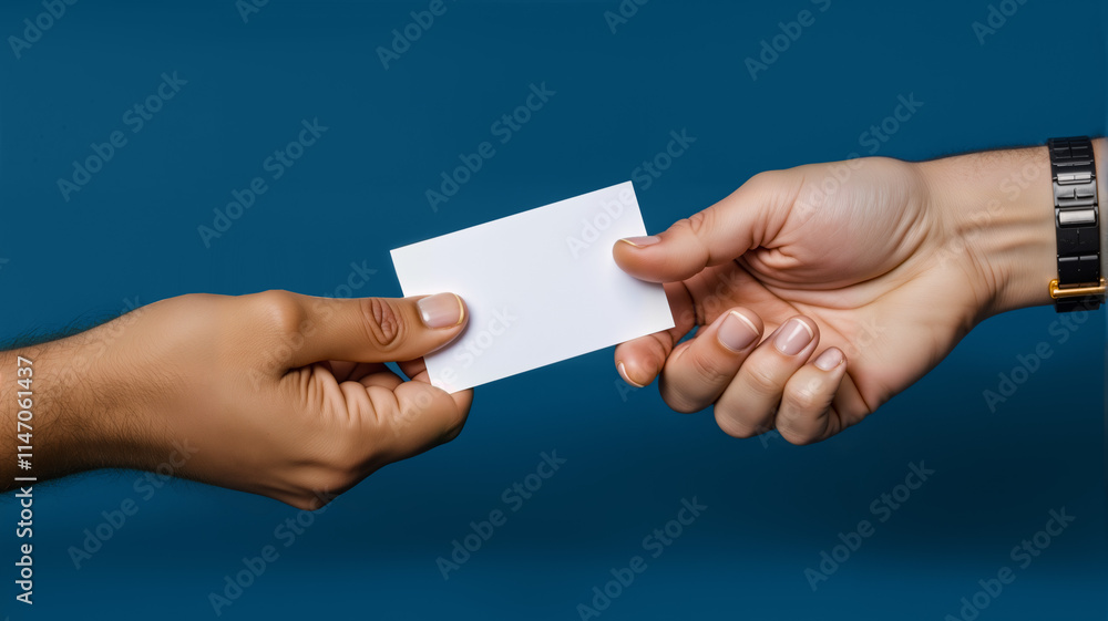 Obraz premium Two hands exchanging a blank business card against a blue background. This image is perfect for showcasing networking, professional relationships, and business promotion, copy space, blank