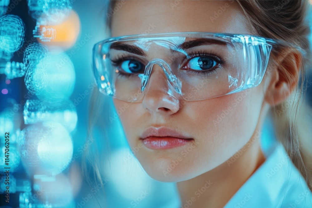 Close-up of a young woman in protective goggles with a focused expression in a laboratory setting during daytime Close-up of a young woman in protective goggles with a focused expression in a laboratory setting during daytime