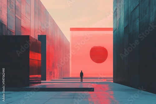 A solitary figure explores a vibrant digital gallery filled with abstract artworks, illuminated by striking colors and shapes, evoking wonder. Generative AI photo