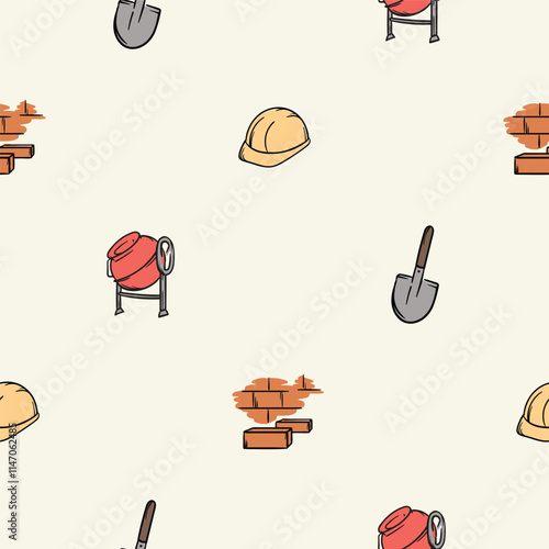 Simple vector seamless pattern with hard hat, brick wall, concrete mixer and shovel. Editable background with construction and repair signs and symbols, equipment and tools. Design for decoration