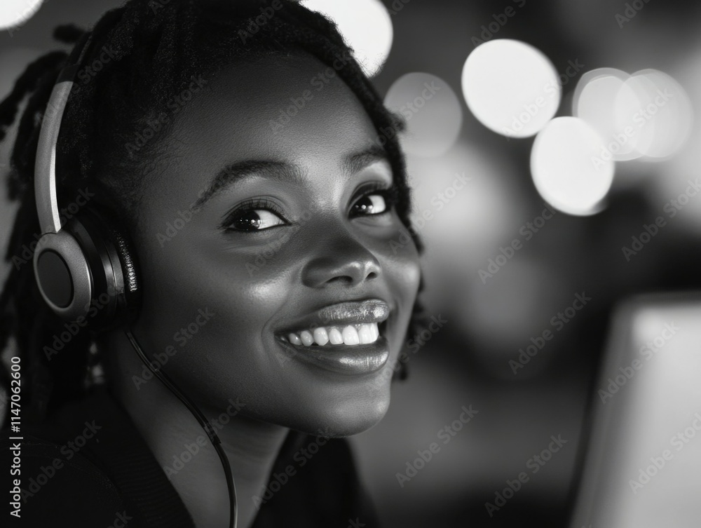 Smiling Woman in Headphones, Background Blur Smiling Woman in Headphones, Background Blur