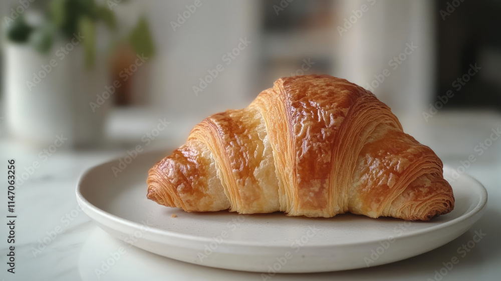 A fresh croissant on a white plate on a marble table. A fresh croissant on a white plate on a marble table.