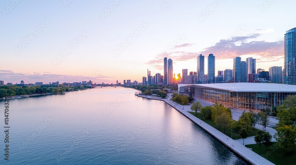 Serene sunset over city skyline & waterfront park. Serene sunset over city skyline & waterfront park.