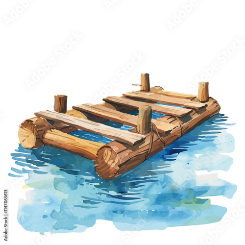 A watercolor drawing of a floating raft anchored in shallow water, isolated on a white background. Floating raft shallow water vector.
