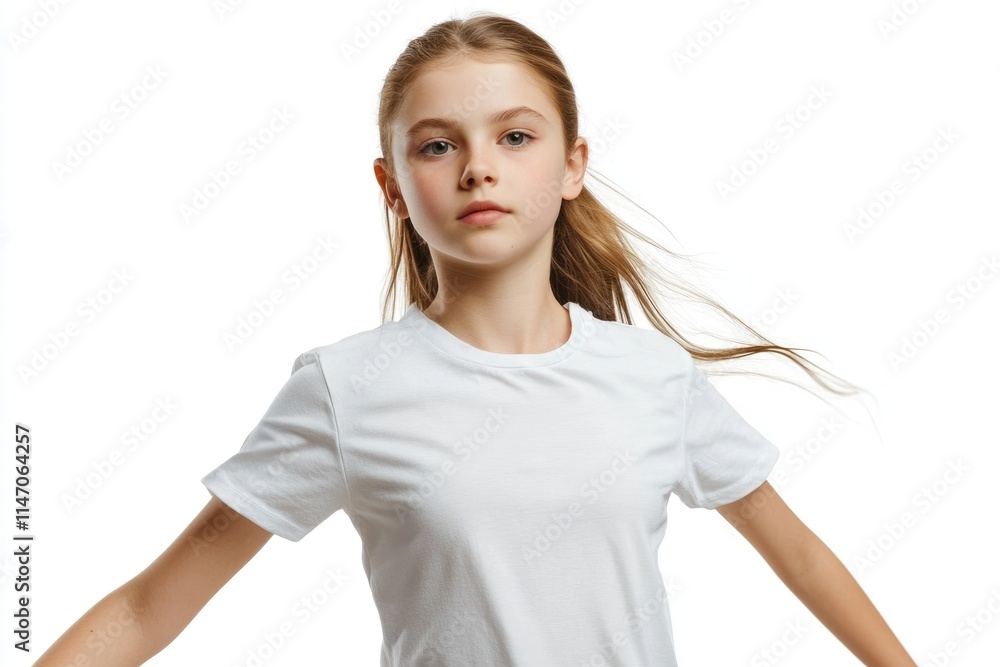 Young girl in white T shirt doing sports exercise on white. Young girl in white T shirt doing sports exercise on white.