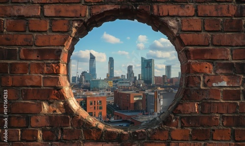 Urban skyline view through brick wall, showcasing modern architecture and cityscape photo