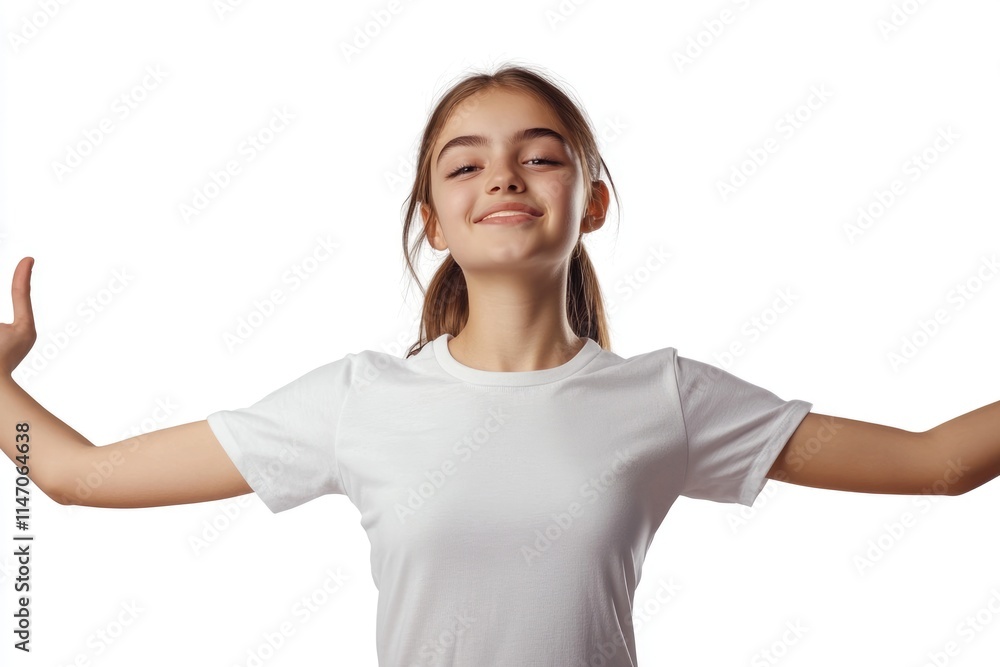 Young girl in white T shirt doing sports exercise on white. Young girl in white T shirt doing sports exercise on white.