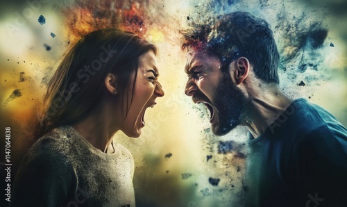 Intense confrontation between man and woman, emotional turmoil, explosive background, vivid colors, dramatic expressions photo