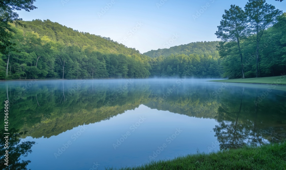 Serene lake reflection in morning mist, lush green trees surrounding water, tranquil atmosphere, peaceful nature scene Serene lake reflection in morning mist, lush green trees surrounding water, tranquil atmosphere, peaceful nature scene