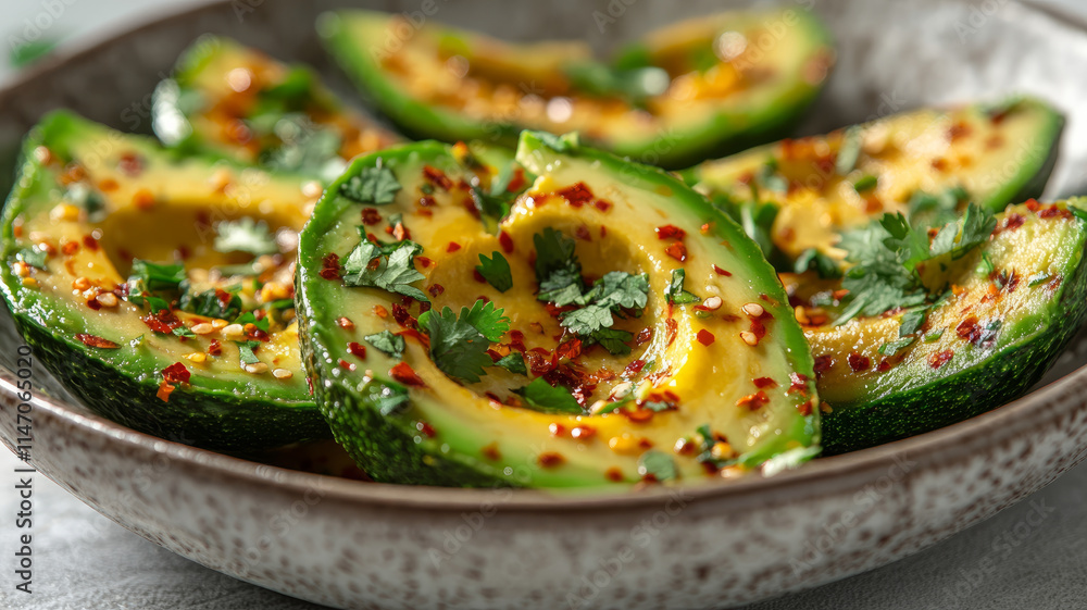 Sliced avocados with spices and cilantro on a plate. Sliced avocados with spices and cilantro on a plate.