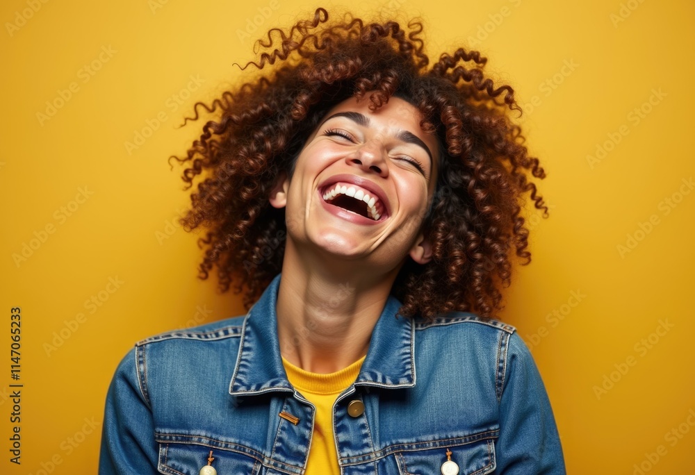 A woman with curly hair laughs joyfully against a yellow background. A woman with curly hair laughs joyfully against a yellow background.