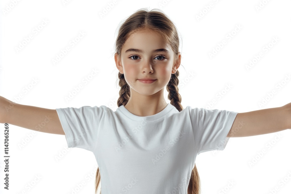 Young girl in white T shirt doing sports exercise on white. Young girl in white T shirt doing sports exercise on white.