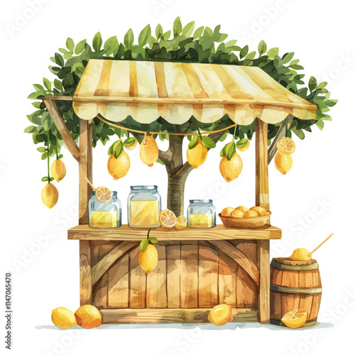 A watercolor vector of a fresh lemonade stand on a summer street, isolated on a white background. Fresh lemonade stand summer street vector.
