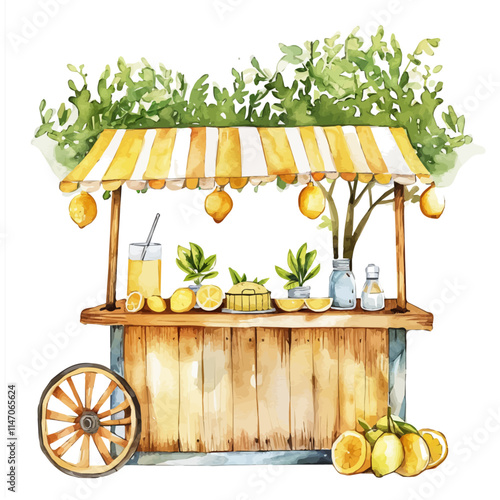 A watercolor vector of a fresh lemonade stand on a summer street, isolated on a white background. Fresh lemonade stand summer street vector.

