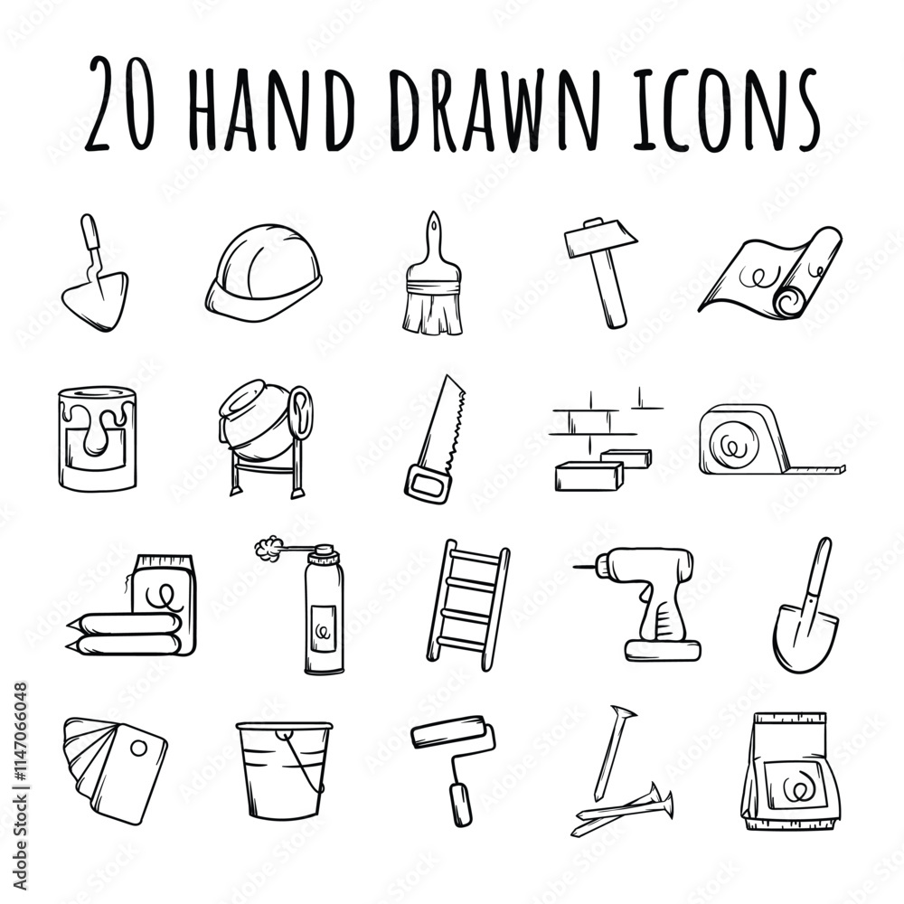 Fototapeta premium Black and white set of icons of construction, repair, tools and materials. Vector signs and symbols for design, banner, website, decoration